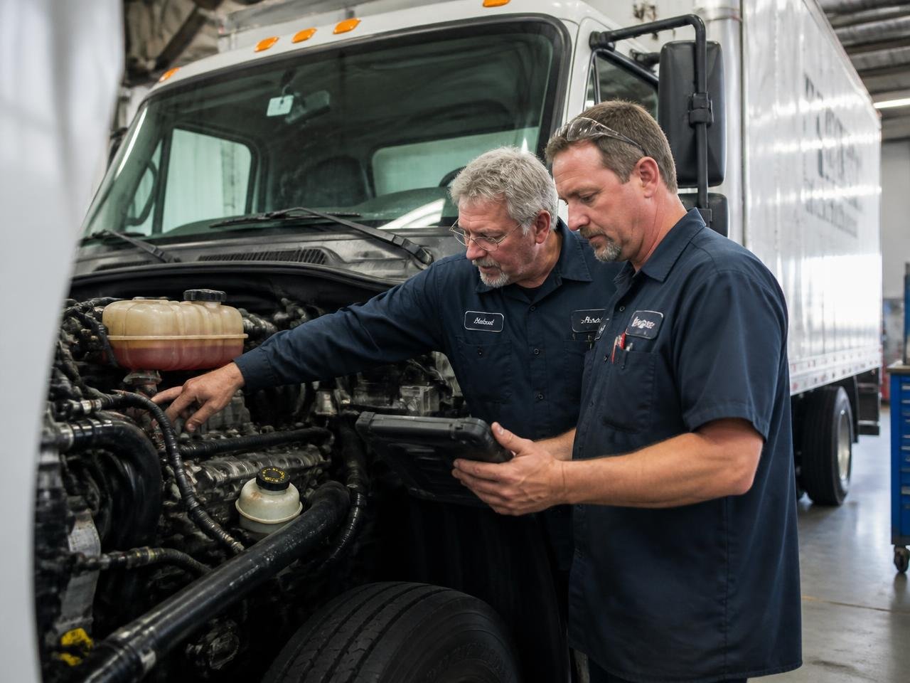 Technicians servicing a commercial truck inside the Out Here Auto & Truck Services shop in Katy, Texas